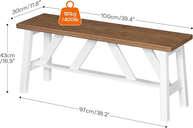 HOOBRO Bamboo Dining Bench, 39.4 inch Farmhouse Kitchen Table Bench, Solid Bamboo Dining Room Bench for Kitchen, Living Room, Bedroom, Hallway, Sturdy and Stable, Walnut and White WH17CD01