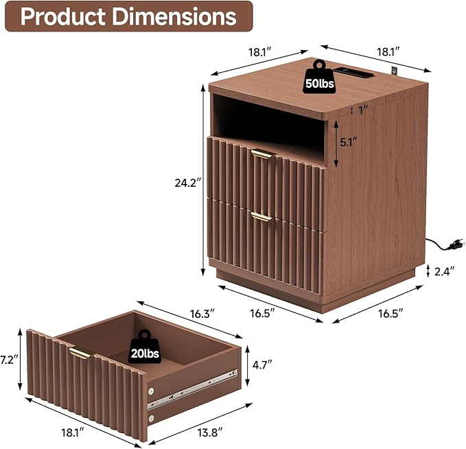 Nightstand with Charging Station, Night Stand with Open Shelf and 2 Drawers for Bedroom, Side Table Bedside Table with USB Ports & Outlets, Small Nightstand End Table (Walmut)