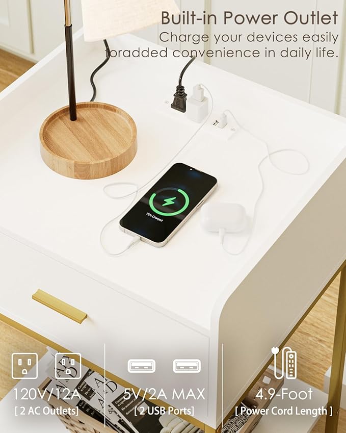 Masupu Nightstand with Charging Station, 3-Tier Modern Bedside Night Stand with Storage Drawer and Shelf, Large End Side Table for Bedroom, Living Room,White