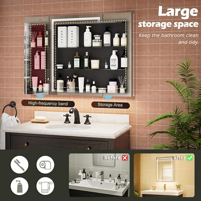 GANPE LED Lighted Bathroom Medicine Mirror Cabinet with Sockets & USBs, Anti-Fog Dimmable Light and Color Adjustment, Easy to Install Aluminum Cabinet (40 * 28 Three-Door)