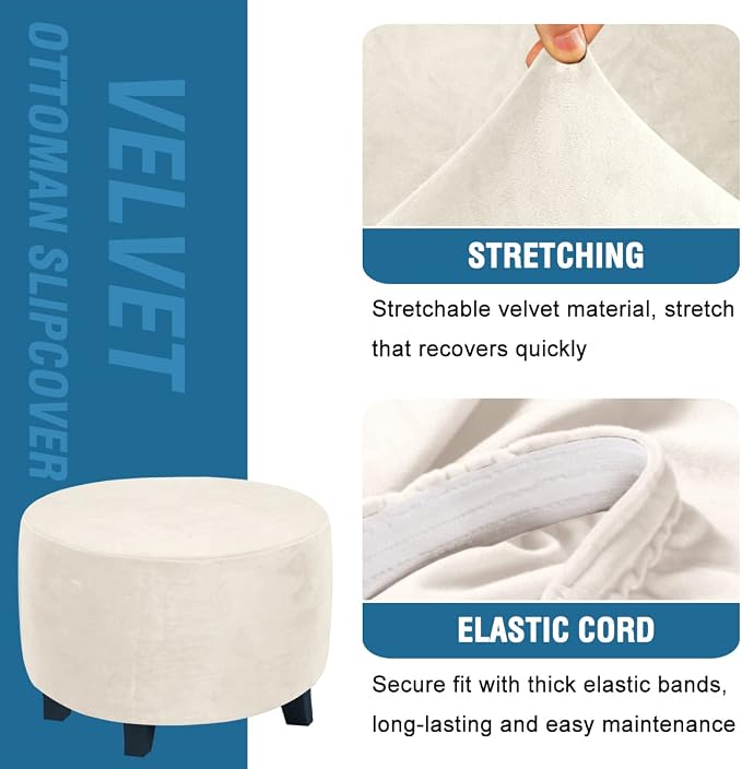 H.VERSAILTEX Ottoman Covers - Round Ottoman Slipcover, Footstool Protector, Storage Stool Covers - Stretch with Elastic Bottom, Real Velvet Plush Fabric (X-Large, Ivory)