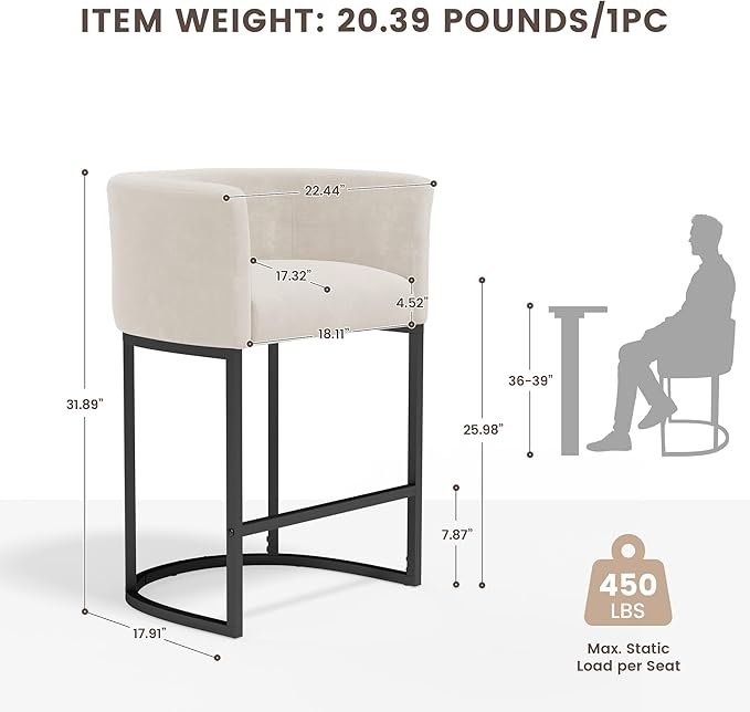 GRUSIGN Chenille Counter Height Bar Stools Set of 2, 26" Kitchen Island Stools with Arms & Footrest, Upholstered Barrel Back Bar Chairs for Kitchen， Dining Room, Bar & Lounge Area, 450 lbs, Off-White