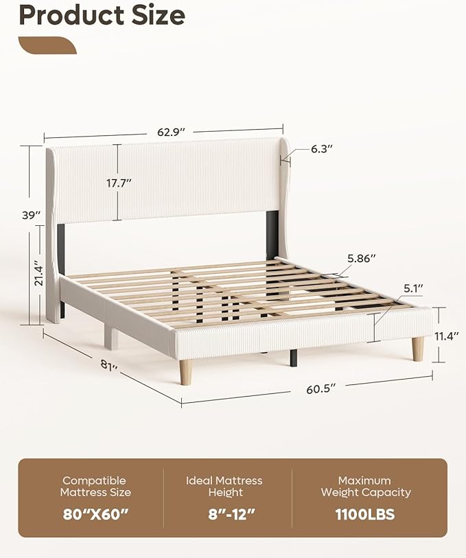 Bestier Queen Bed Frame with Wingback Headboard,Platform Queen Size Upholstered Bed with Strong Wooden Slats,No Box Spring Needed,Never Squeaks,Easy Assembly,Beige