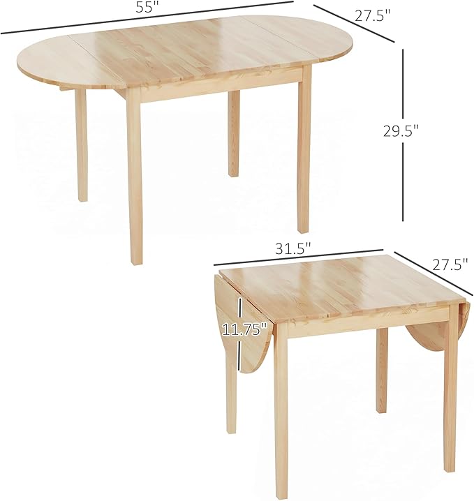 HOMCOM 55" Solid Wood Kitchen Table for 4-6 People, Oval Drop Leaf Tables for Small Spaces, Folding Dining Table, Natural
