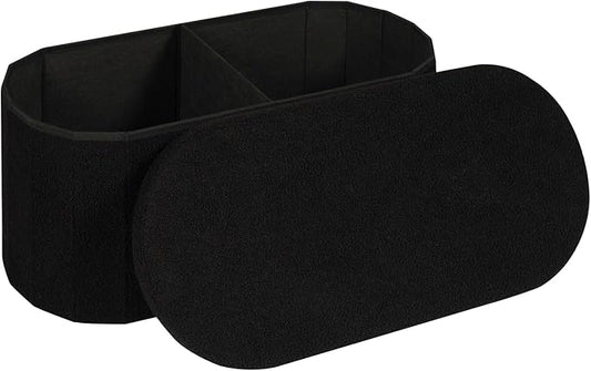 30" Oval Foldable Ottoman with Storage, Teddy Boucle Fabric Footrest, Storage Bench for Living Room, Bedroom, Entryway, Dorm, Black