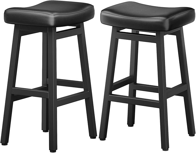 Raynesys 29 Inches Bar Stools Set of 2, Bar Height Barstools for Home Counter, Blackless Barstool with Bonded Leather Saddle Seats & Heavy Duty Metal Legs, Easy Assembly, All Black