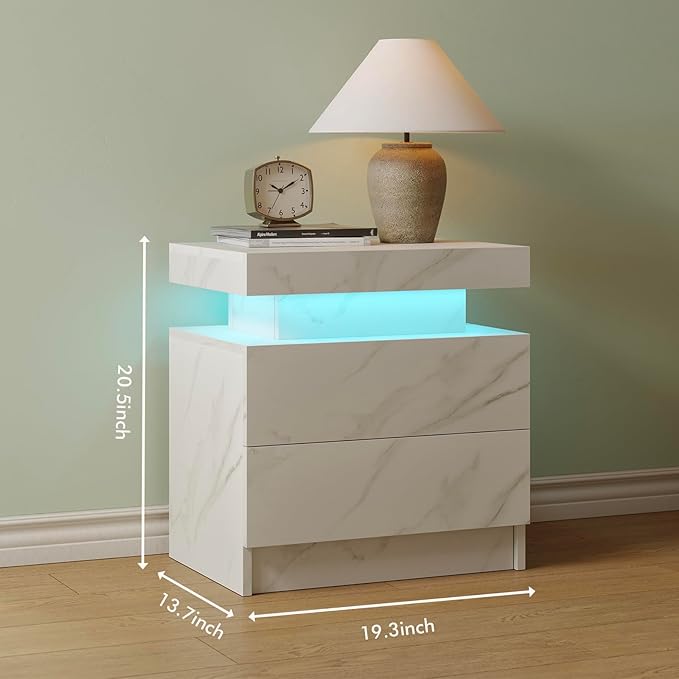 White Nightstand Modern End Tables for Bedroom Nightstand with Led Lights Side Table for Bedroom with Drawer White
