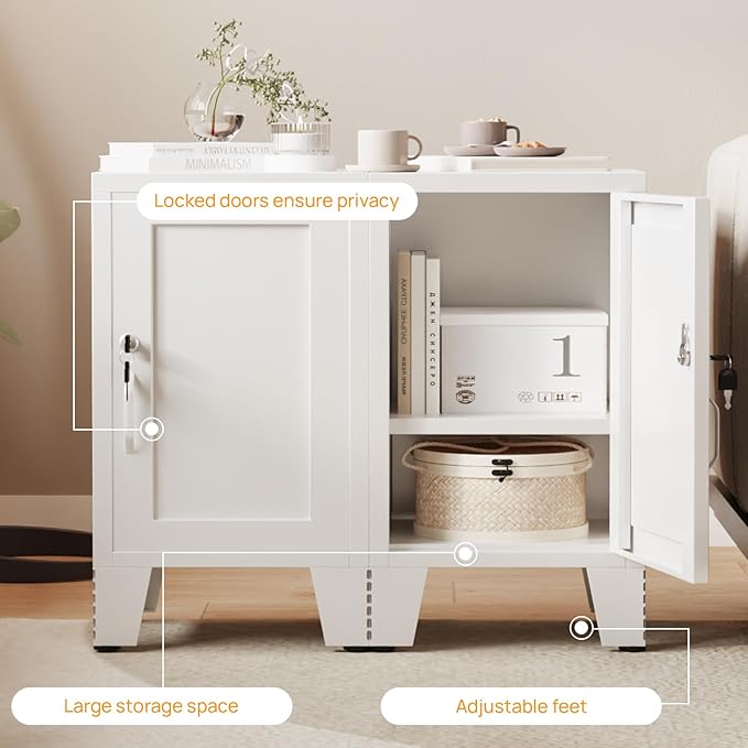 ALBAD Metal Nightstand with Lockable Cabinet, Compact Mini Locker Bedside Table for Kids & Adults, Modern Steel Side Table for Bedroom, Dorm, or Living Room (White)