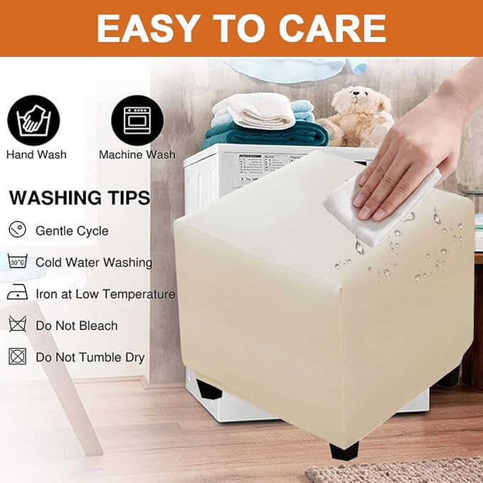 Waterproof Ottoman Cover Square Stretch PU Soft Folding Storage Ottoman Cover with Elastic Bottom Cube Footrest Foot Stool Slipcovers Machine Washable(Medium/Ivory)