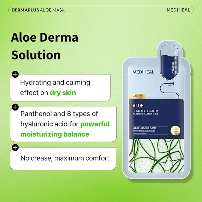 Mediheal Dermaplus Aloe Mask (10 Counts) - Daily Vegan Mask for Hydrating Skin with Panthenol & Hyaluron, Korean Self Skin Care Sheet Mask