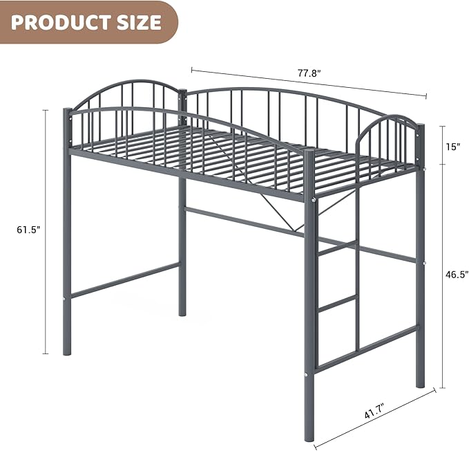 GarveeHome Loft Bed Twin Size, Heavy Duty Metal Loft Bed Frame with Arched Guardrail and Safety Ladder, Space-Saving, No Box Spring Needed, Modern Gray