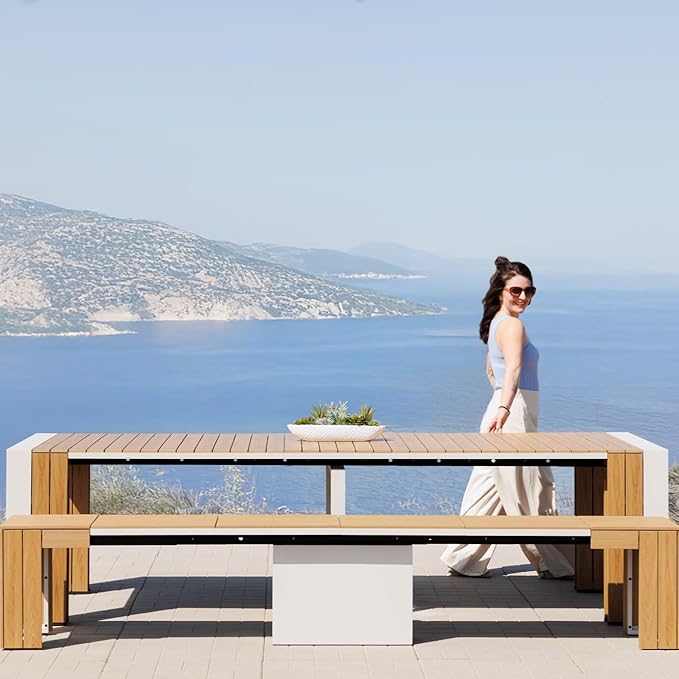 Transformer Table - Extendable Outdoor Dining Set up to 12, Expandable Patio Table, Weather-Resistant Wooden Outdoor Furniture, Light Oak, Natural (Table + Bench)