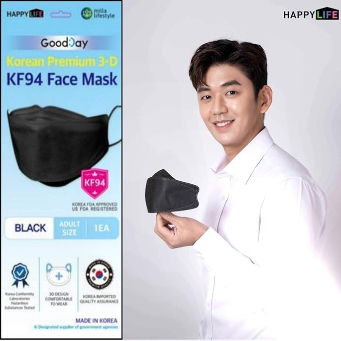 (Pack of 10) Black Disposable KF-94 Face Mask, 4-Layer Filters, Made in Korea, Nose Mouth Covering Dust Mask (individual Packed)(Black Color)