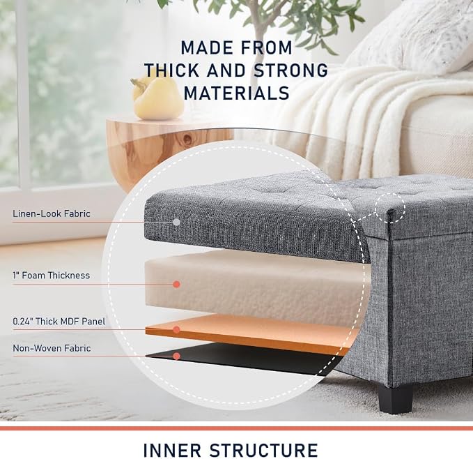 Ornavo Home 15 Inch Folding Storage Ottoman with Storage, Square Cube Linen Small Storage Ottoman Foot Rest Stool with Legs - Gray