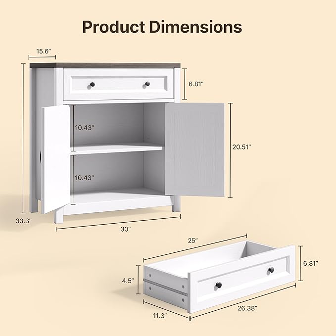 Gizoon Kitchen Storage Cabinet with Adjustable Shelf, Farmhouse Coffee Bar Sideboard Buffet with Large Drawer, Barn Door, 30"W x 15.6"D x 33.3"H Freestanding Cabinet for Kitchen, Living Room, Entryway