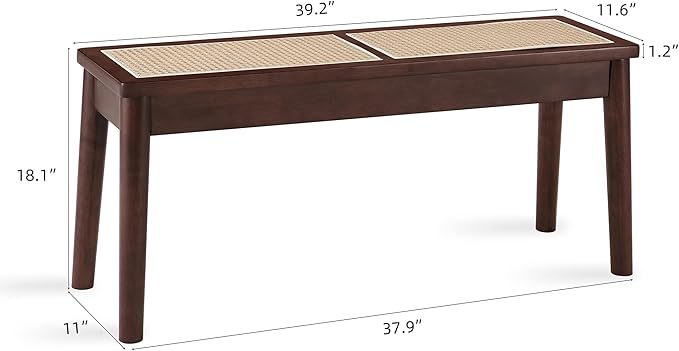 40" Wooden Dining Bench with Hand Woven Rattan Seat,Solid Wood Bench for Entryway,Living Room,Kitchen and Bedroom（Walnut，18" H