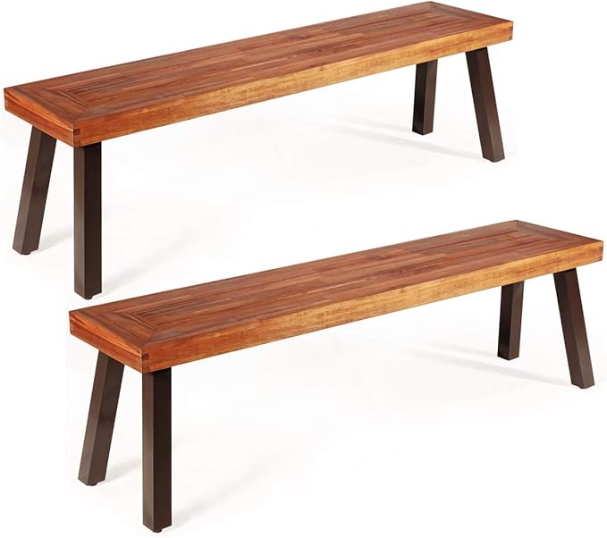 Giantex 60" Acacia Wood Bnech, 3-Person Backless Outdoor Patio Dining Bench with Metal Legs & Adjustable Foot Pads for Entryway, Balcony, Porch, Backyard, Garden and Poolside (2 Pack)