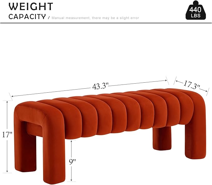 43.3" Bedroom Bench, Upholstered Entryway Bench, Modern End of Bed Ottoman with Solid Wood Legs and Adjustable Foot Pegs for Entryway, Dining Room and Living Room (Rust Velvet)