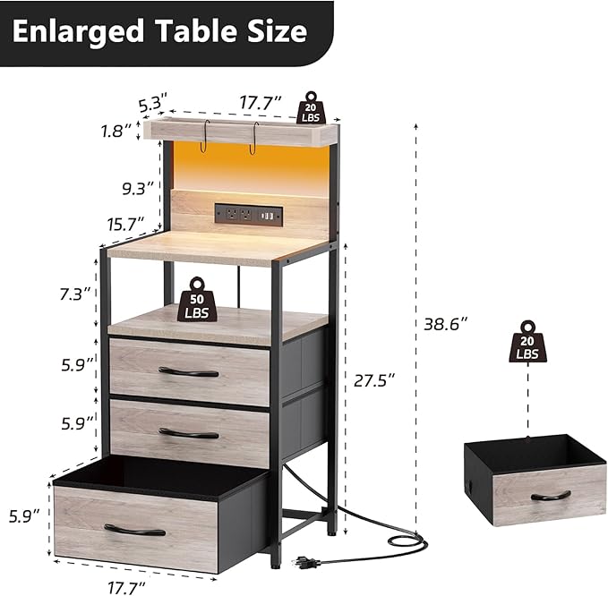 SZLHANJZ Nightstand Set of 2, Large Night Stand with LED Lights and Charging Station, 39-Inch Tall Bed Side Tables with Shelves, 3 Fabric Drawers Bedside Table for Bedroom, Greige