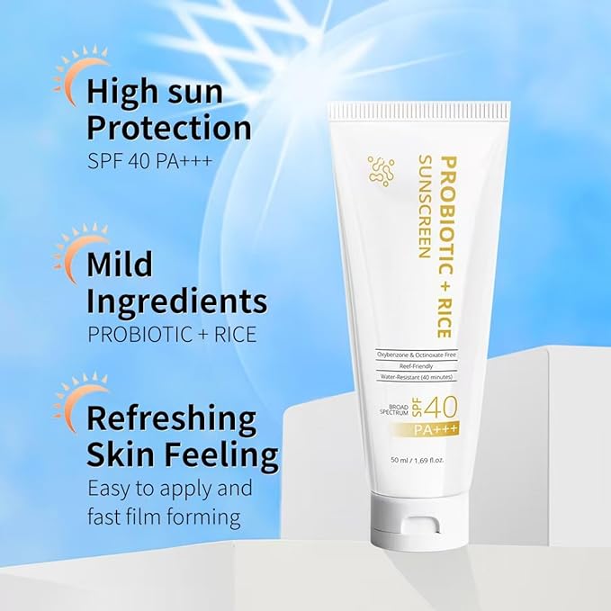Rice + Probiotics Organic Sunscreen, Relief Sun Organic SPF40+ Sunscreens for Face and Body, Nourishing Skin Protection and UV Defen, Skin Care Sunscreen for All Types