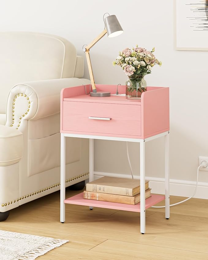 Nightstand with Charging Station,3-Tier Modern Bedside Table Night Stand with Storage Drawer and Open Shelf,Small End Side Table for Bedroom,Living Room,Pink