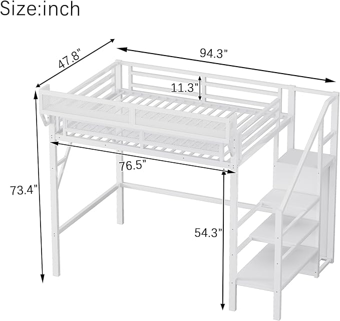 KEIKI Twin Size Metal Loft Bed Frame with Convertible Staircase, Built-in Storage Shelves & Wardrobe, Loft Bed with Solid Slats & Guardrail, No Box Spring Required, Easy Assembly, for Bedroom, White
