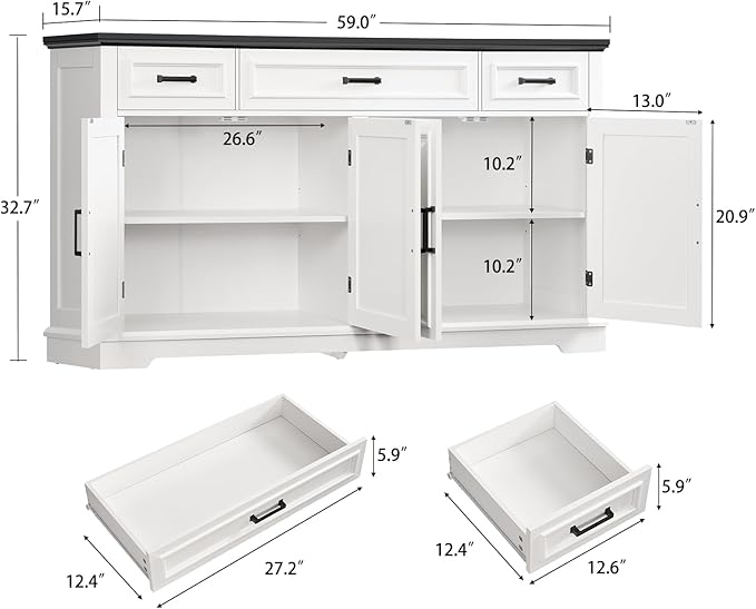 usikey 59” Large Buffet Cabinet with 4 Doors and 3 Drawers, Buffet Sideboard Cabinet with Storage and 2 Adjustable Shelves, Coffee Bar, Wine Bar for Living Room, White