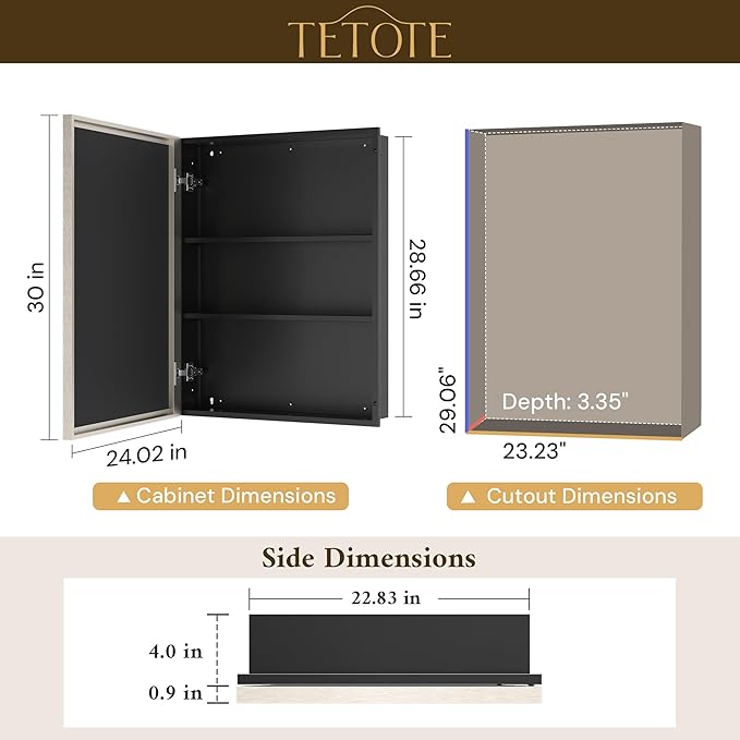 TETOTE Medicine Cabinet Mirror 24" x 30", Brushed Nickel Recessed Medicine Cabinet with Beveled Tempered Mirror, Stepless Adjustable Shelves, DTC Hinges