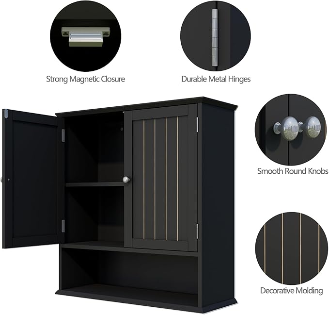 Viaozutis Over The Toilet Bathroom Wall Cabinet with 2 Doors and Open Shelf, Wooden Space Saving Storage Cabinet, Medicine Cabinet for Bathroom Organization,Black