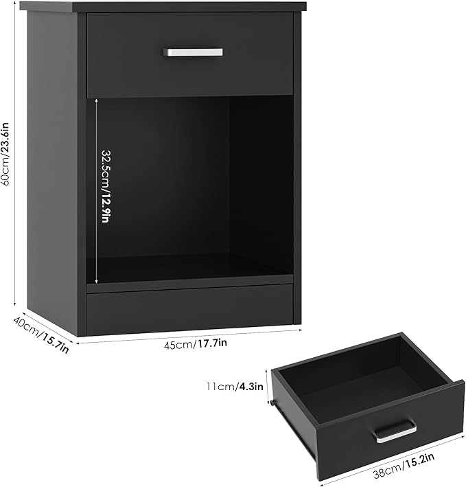 FOTOSOK Nightstand Set of 2, 2-Tier Side Table with Drawer and Storage Shelf, Bedside Table End Table, Modern Night Stand for Bedroom, Home Office,Black