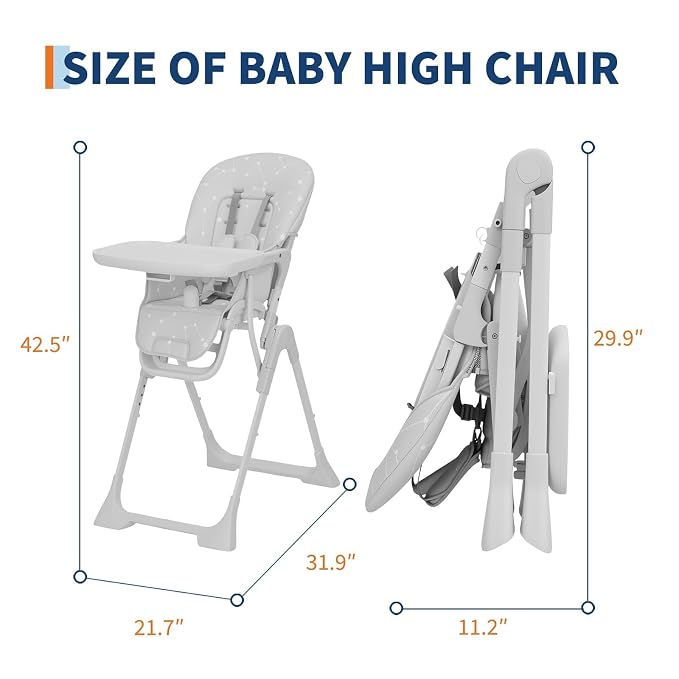Baby High Chair, Foldable Feeding Chairs for Babies and Toddlers, Adjustable Height/Backrest/Footrest, Removable Tray, Fast Folding Gray