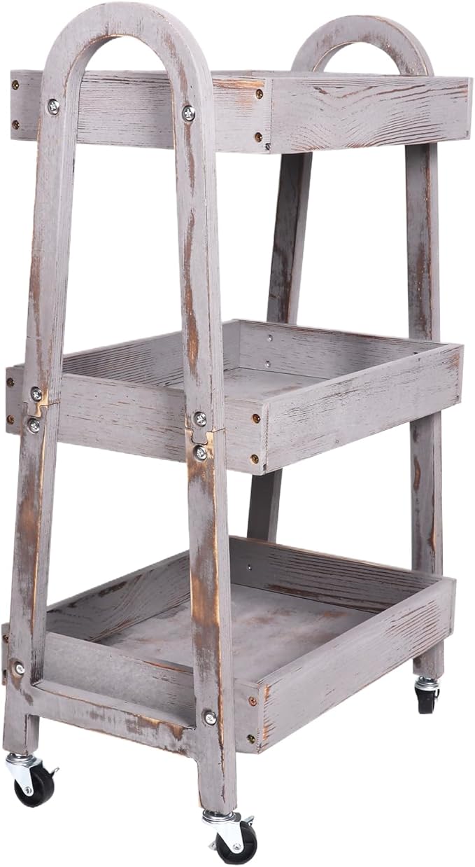 3-Tier Wooden Rolling Cart- Wooden Utility Cart wit Wheels- Utility Rolling Cart-Storage Trolley Organizer- Rolling Kitchen Serving Cart for Office,Kitchen, Kids' Room (Retro Grey)