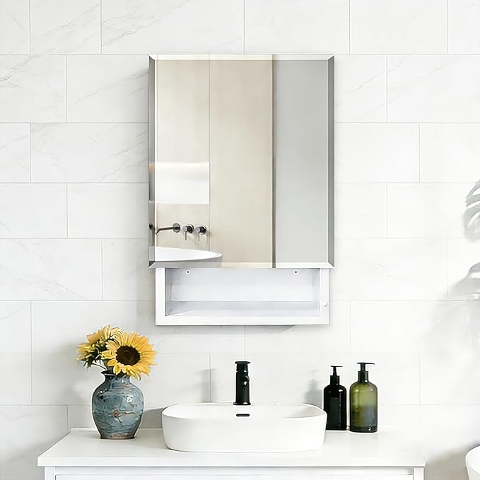 16x26 inch Bathroom Medicine Cabinet with Mirror, Platstic Framed Beveled Edge Mirror Cabinet with Removable Shelves, Extra Storage Space, Recessed or Surface Mount