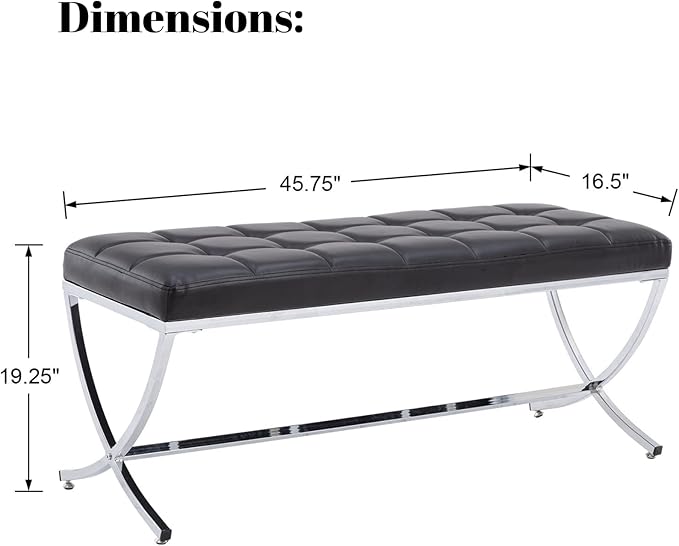 LukeAlon Modern PU Leather Dining Bench, Button Tufted Ottoman Bench with X-Shape Chrome Finish Upholstered End of Bed Bench Comfy Entryway Bench for Bedroom Kitchen, Black