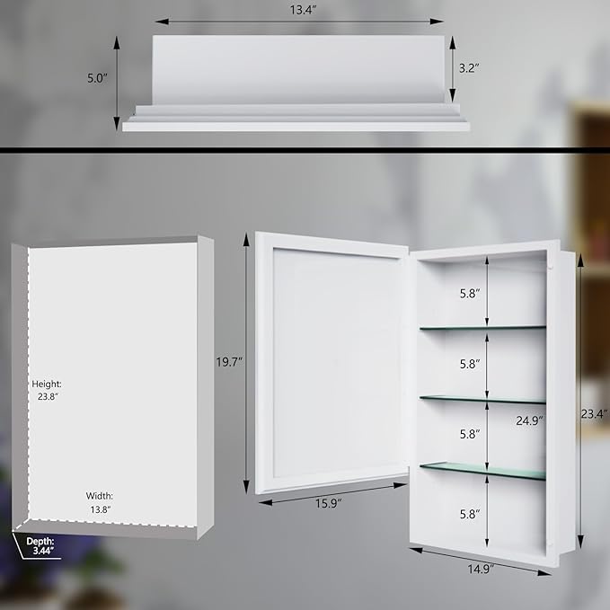 Plastic Medicine Cabinet with Mirror 16x26 inch, Recessed Medicine Cabinet or Surface Wall Mount Bathroom Cabinets with Removable Shelves, White Framed Mirror Cabinet