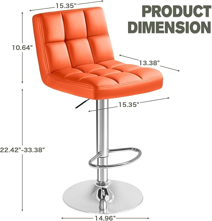 Furmax Bar Stools Modern Pu Leather Swivel Adjustable Hydraulic Bar Stool Square Counter Height Stool Set of 2 (Orange)