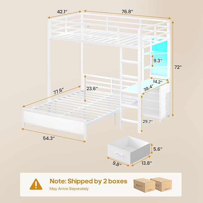 ADORNEVE Twin Over Full Bunk Bed with Desk, Bunk Beds Twin Over Full Size with Charging Station & Led Lights, Storage Drawers & Shelves, Loft Bed with Safety Guardrail & Ladder for Kids/Teens, White