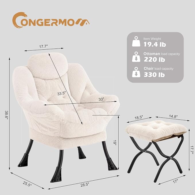 Lazy Chair with Folding Ottoman,Leisure Sofa Chair,Soft Fabric Armchair with Armrests and Side Pockets, Reading Chair with Footrest for Living Room, Bedroom, Office (Plush Beige)