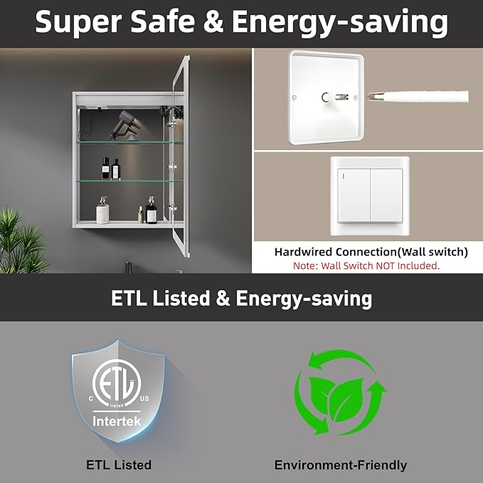 Medicine Cabinet with LED Lights and Mirror, 24 x 30 Inch Surface or Recessed Mounted Bathroom Cabinets with Door, Defogger, Memory Function, 3-Color Mode, Outlet&USB, Dimmer, Storage Shelf