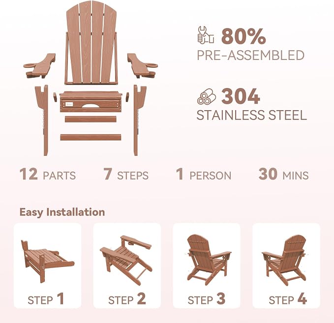 Mdeam 3-Level Adjustable Adirondack Chair with Retractable Ottoman, HDPE All-Weather Folding Fire Pit Chair with 2 Cup Holders, Outdoor Chair for Deck Patio Garden Backyard Lawn (Teak)