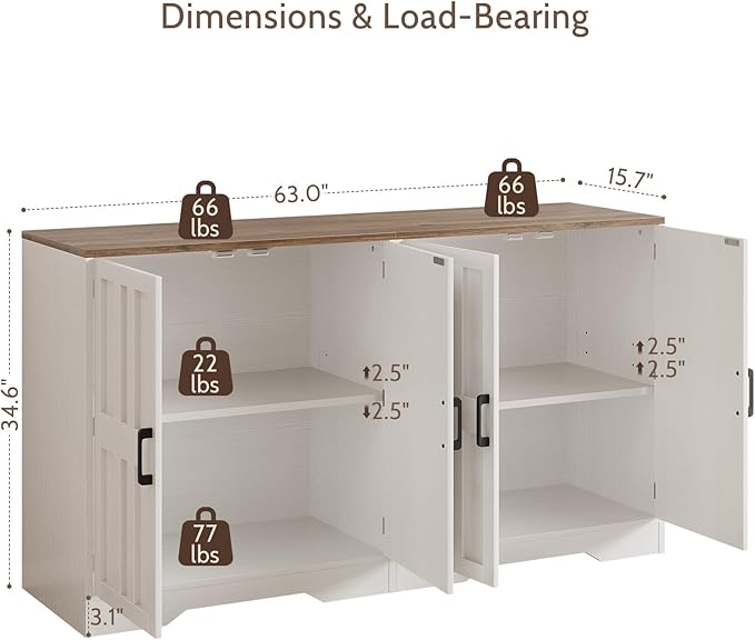 Sideboard Buffet Cabinet, Modern Farmhouse Kitchen Storage Cabinet, 63" Modular Accent Cabinet Coffee Station Bar Media Console Table Credenza for Kitchen Dining Room, Living Room Entryway Hallway