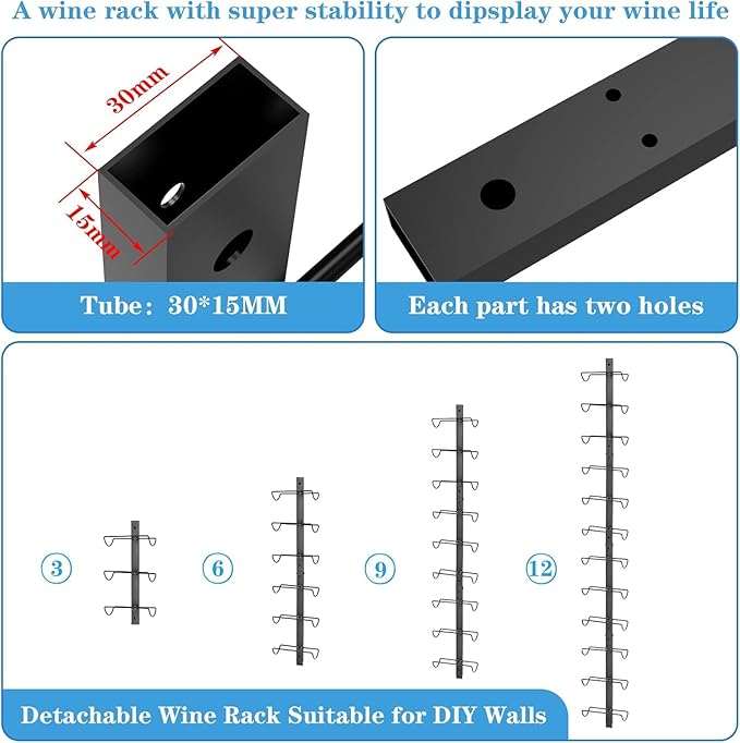 Sonyabecca 9 Bottle Wall Wine Rack - DIY Detachable Wine Storage Organizer, Wall Mount Used As One or Three, Bottle Display Holder for Kitchen, Pantry, Dining Room, Bar, Cellar