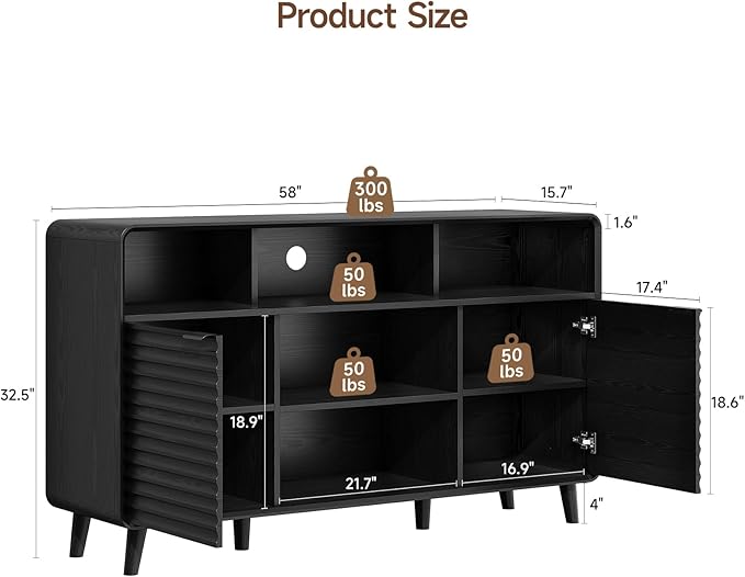 58 Inch Curved Sideboard Buffet Cabinet w/2 Wave Doors and Open Storage Spaces, Angled Side Frame, Sideboard Storage with Adjustable Shelves, Coffee Bar Cabinet for Kitchen, Living Room, Black