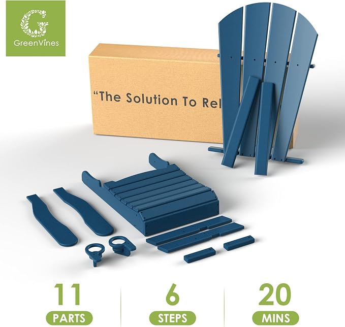 GREENVINES Adirondack-Chairs-with-Ottoman | Set of 6 | Folding | Retractable-Footrest | HDPE Plastic | All Weather Fire Pit Chair | Cup Holders | Blue | for Outdoor Poolside