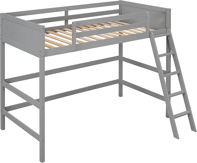 Merax Twin Size Junior Loft Bed with Slide Wood Loft Bunk Bed for Girls Boys,Space Saving Gray