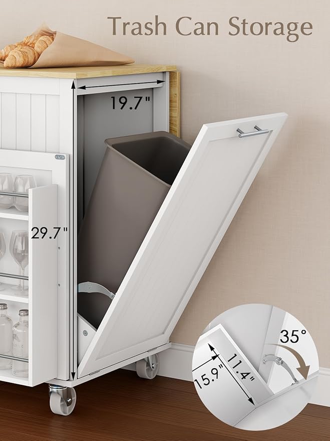 OtterOasis Kitchen Island with Storage, 43.3" Rolling Kitchen Island Cart on Wheels with Wide Drop Leaf Rubberwood Top, Large Mobile Island Table with Trash Can Storage and Towel Bar, White