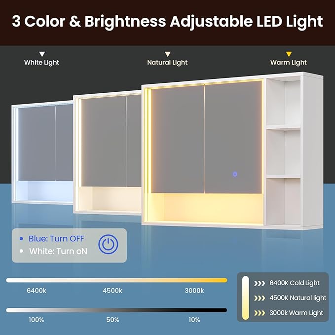 Hasuit Lighted Medicine Cabinet with Mirror and Shelves, Modern Bathroom Medicine Cabinet with Open Storage, Aluminum Channel LED Lights, 39.4'' x 30.7'', White