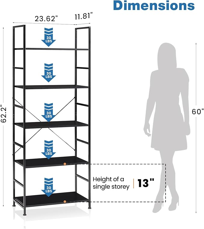 DUMOS 5 Tiers Open Bookshelf, Classic Freestanding Tall Display Shelf, Multifunctional Storage Organizer Rack for Living Room Home Office, Sturdy Bookcase for CDs/Books/Movies, Modern Black