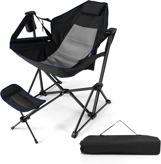 COSTWAY Folding Camping Chair, Portable Beach Chair with Retractable Footrest, Adjustable Back, Cup Holder & Carry Bag, Outdoor Lawn Patio Chair for Camping, Fishing, Hiking (Black, 1 Pack)