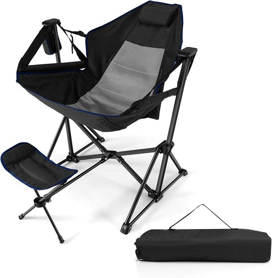 COSTWAY Folding Camping Chair, Portable Beach Chair with Retractable Footrest, Adjustable Back, Cup Holder & Carry Bag, Outdoor Lawn Patio Chair for Camping, Fishing, Hiking (Black, 1 Pack)